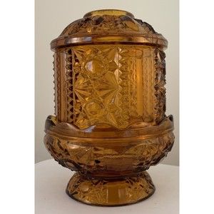 VTG Amber Indiana Glass Stars And Bars Fairy Lamp Light Candle Holder, Very Nice